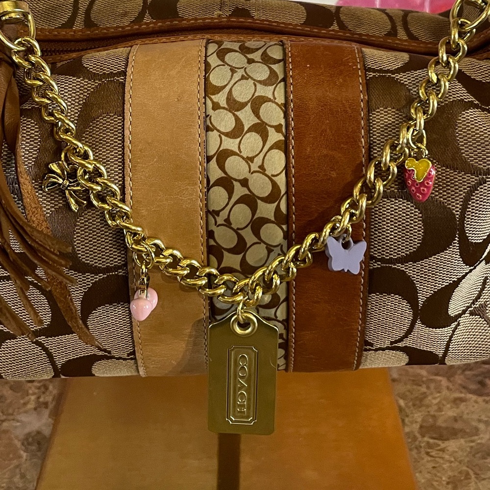 COACH Vintage Signature C Brown Mini Bag W/Tassel Upcycled Junk Gypsea Bag Chain - Picture 4 of 17